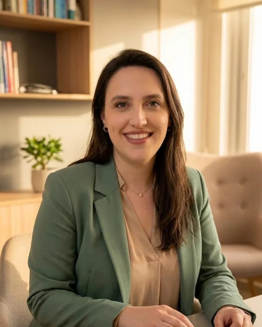 Dra. Janaíne Rossoni, ginecologista, em plano médio, olhando para a câmera